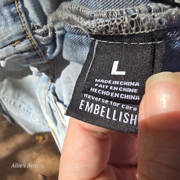 Embellish Soft Stretchy Colorful Blue Distressed Stud Denim Jean Jacket Wmns L - Picture 10 of 11